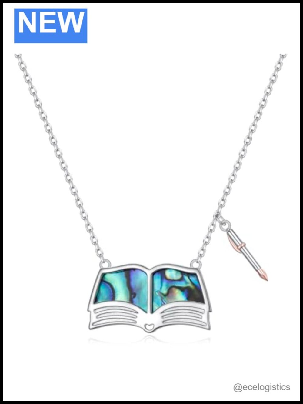 Sterling Silver Book Necklace Abalone Shell Pendant for Women